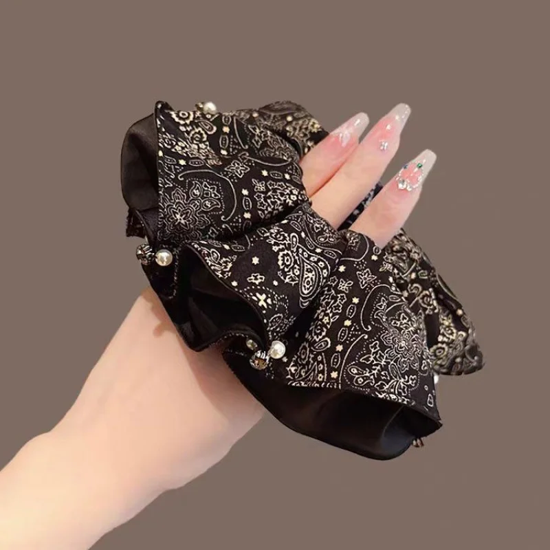 

French Retro Floral Pearl Gut-Shaped Female Wild Big Bow Ponytail Rope Headwear Flower Hair Accessories