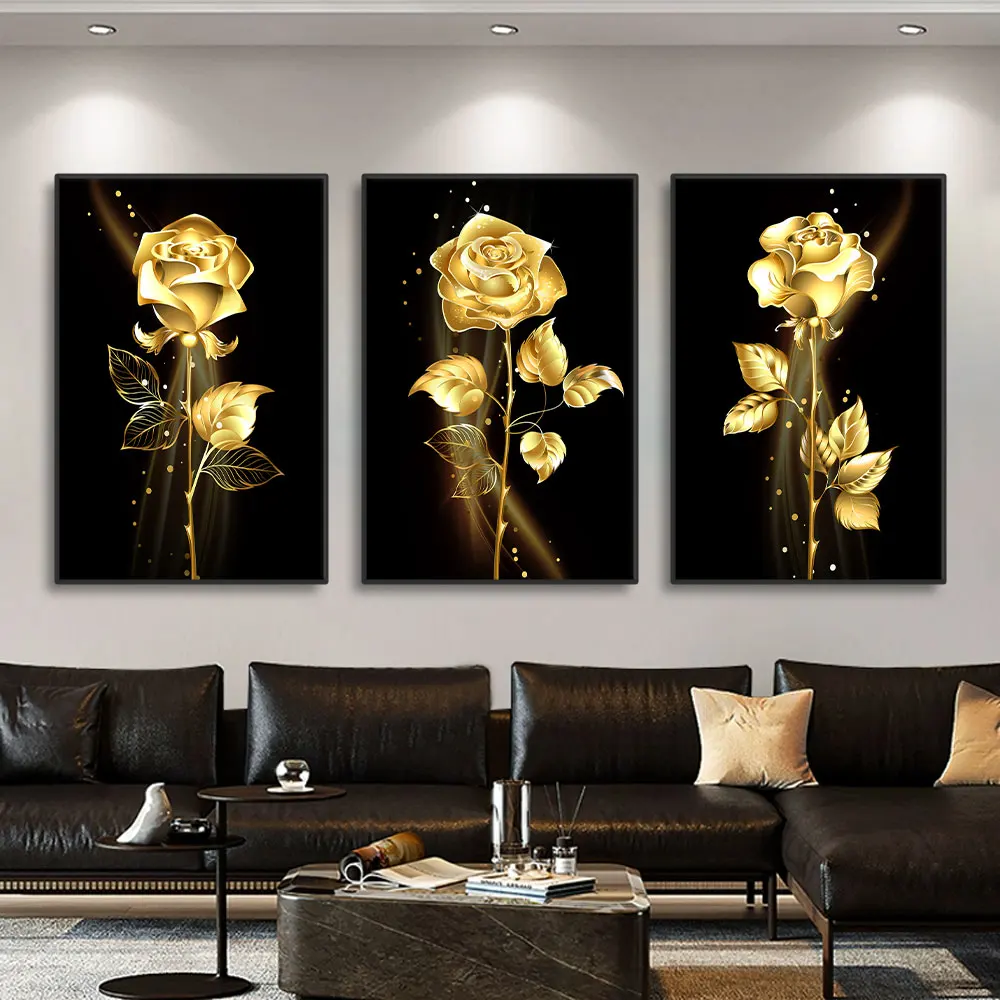 3pcs Gold Rose Flower Black Canvas Paintings Nordic Modern Living Room Wall Art Decorative Pictures Wall Artwork Posters Prints