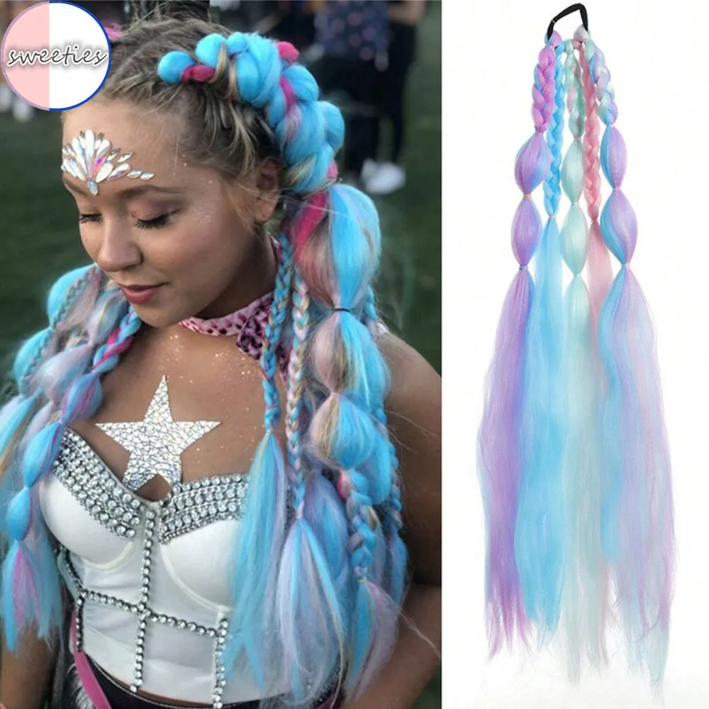 

60CM Color Bubble Braid Synthetic Wig Fashion Hip-hop Color Gradient Ladies Wig Simulation Natural High Temperature Silk Hair