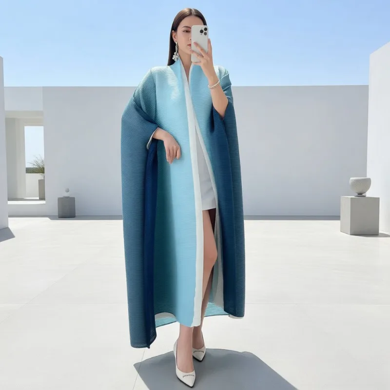 

Miyake Pleated Gradient Color Abaya Trench Coat Jacket Women Long Bat Sleeve Loose Large Size Outer Poncho Long Robe 55Inch
