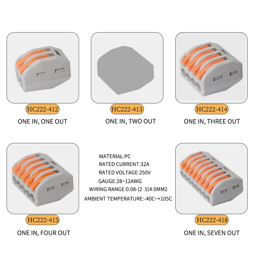 Compact Splicing Wiring Connector Lever Wire Nut Connectors HC222-412/413/414/415/418 Electrical separator for Quick wireway