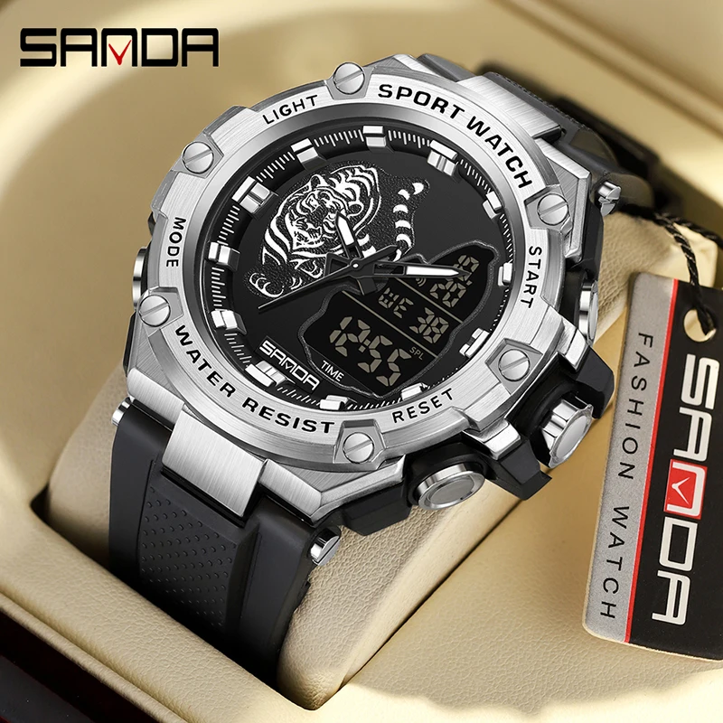 SANDA Men Watch Fashion Trend Multifunctional Chronograph Watch Personalized Tiger Pattern Dial LED Digital Watches Reloj Hombre