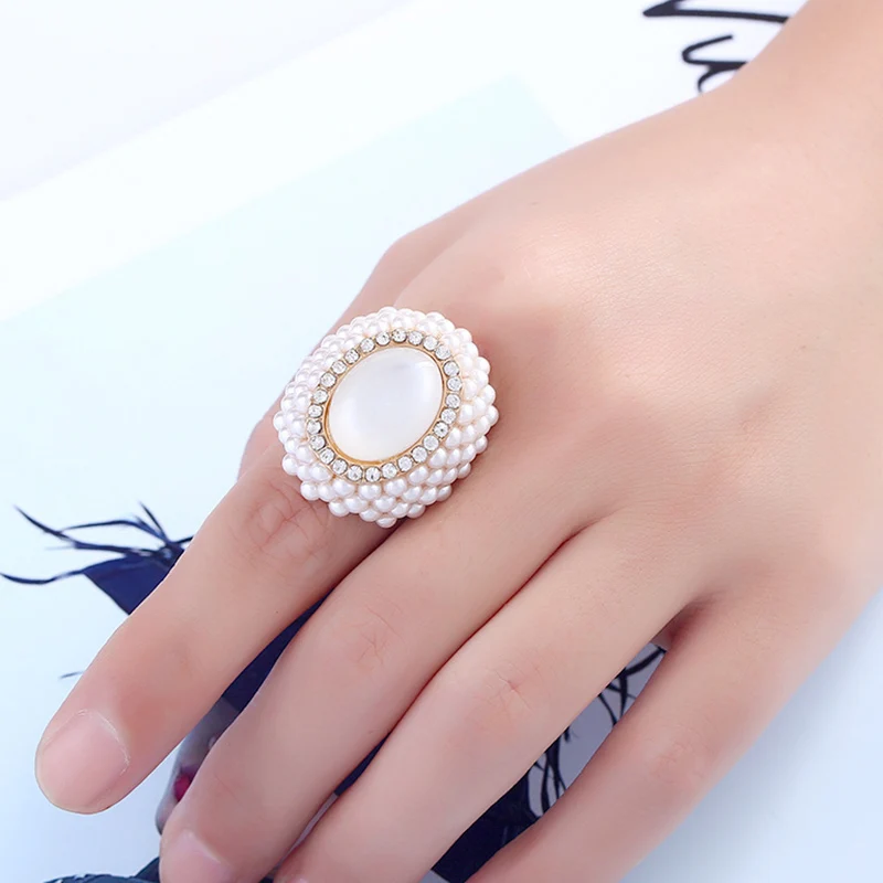 Vintage White Opal Crystal Ring for Women Luxury Natural Pearl Gold Color Adjustable Rings Female Bohemian Jewelry Anillos