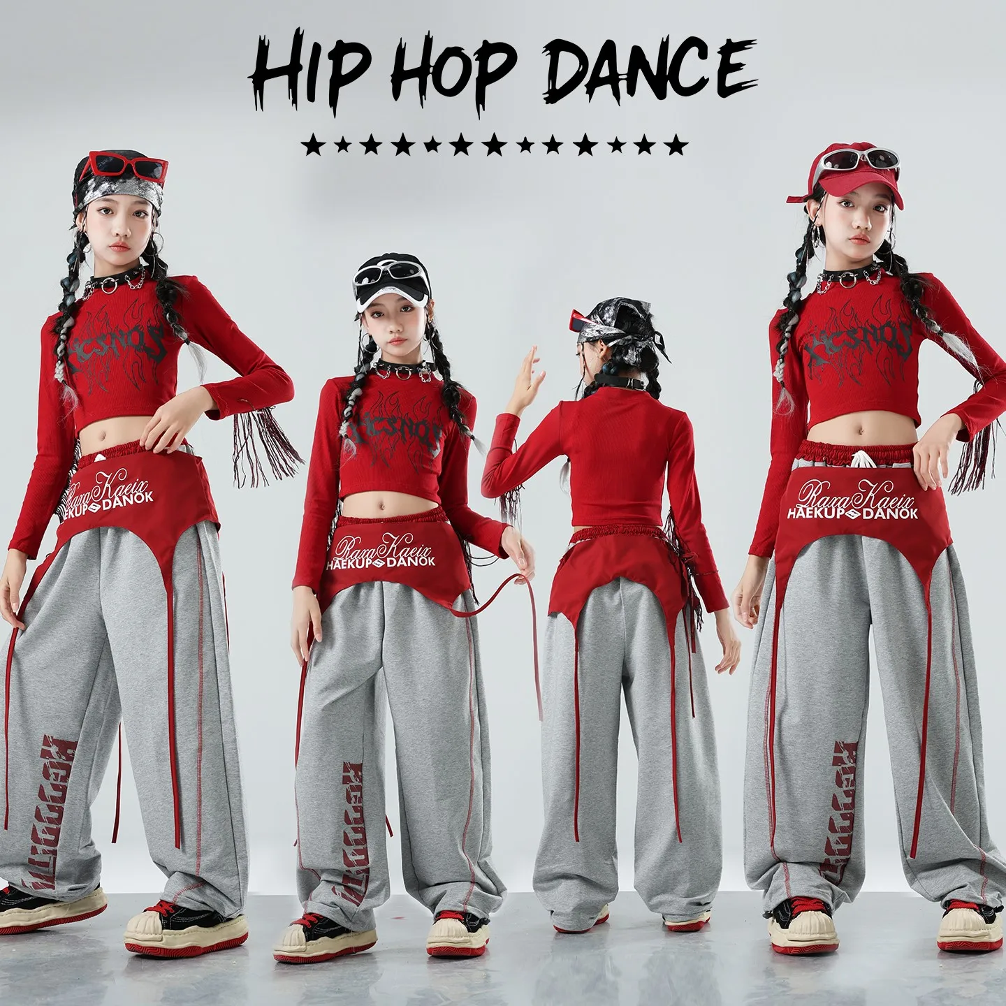New Girls Jazz Dance Practice Clothes Red Tops Gray Sweatpants Long Sleeves Hip Hop Outfits Street Dance Clothing Kpop BL17138