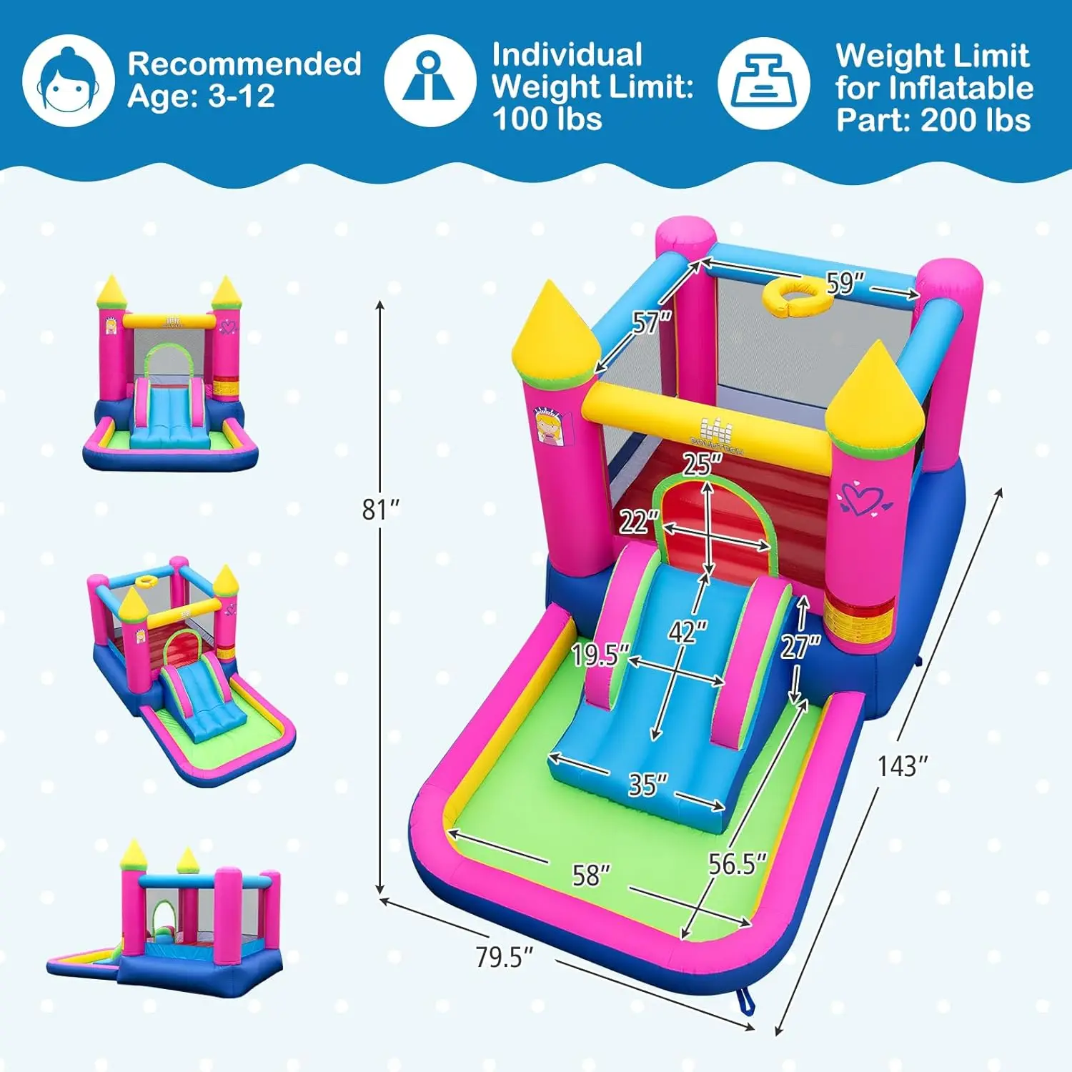 Casa inflable de rebote con pozo de pelotas, casa inflable de princesa para niños, interior y exterior con zona de salto, aro de baloncesto, soplador, Bo