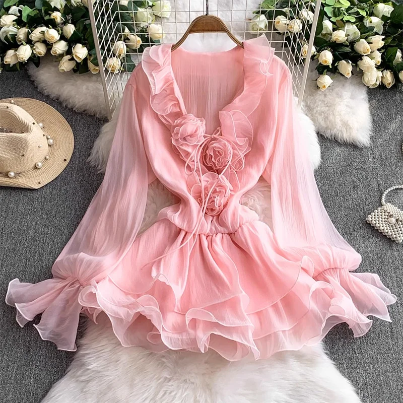 

Princess Style Fairy Tale V-Neck Chiffon Dress with Belt High Waist Bell Sleeve Long Sleeve Zipper Closure City Commute Summe...
