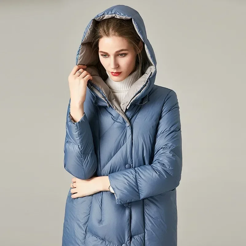 

Women Mid-length Puffer Jacket Hoodies Winter Hooded Thickened Coats Fashionable White Duck Down Loose Cocoon-shaped Blue Parkas