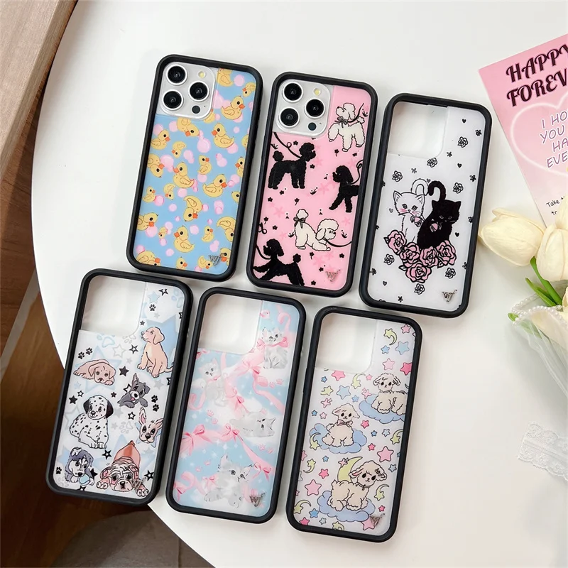 Wildflower Luxury Yellow Duck Bear Phone Case For iPhone 1213 14 15 16 Pro Max Cute Cartoon Pink Bow Cat Teddy Dog Flower Cover