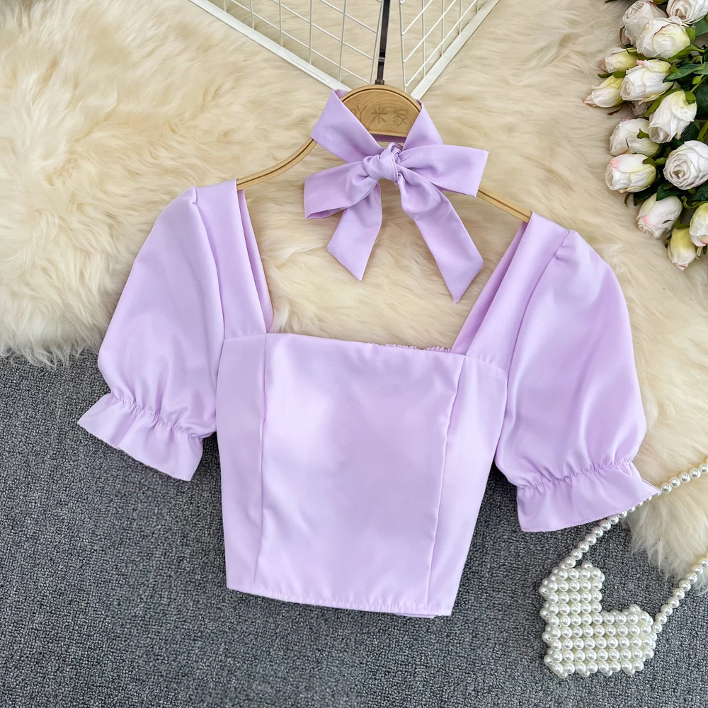 Summer Korean Style Shirt For Women Sweet Square Neck Puff Short Sleeve All-Matched Pullover Shirt Femal Fashion Slim Short Top