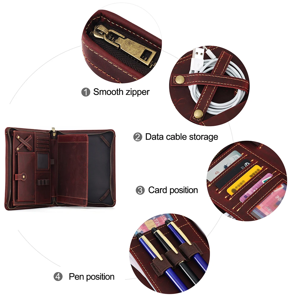 JOYIR Zippered Genuine Leather Business Portfolio Carrying Organizer Business Card Phone Pocket Pen Slots for IPad Tablet Holder