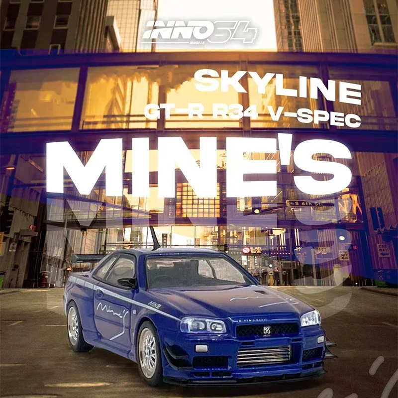 

INNO In Stock 1:64 GTR R34 Skyline V Spec Tuned Mine`s Blue Diecast Diorama Car Model Collection Miniature Toys