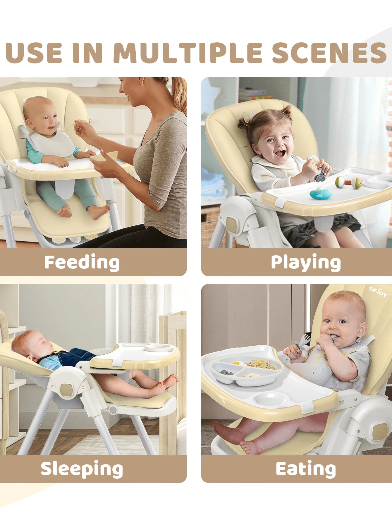 SEJOY Baby High Chair Ajustable Backrest And Pedals Design, Sturdy Metal Material, Foldable Multifunctional Baby Dining Chair