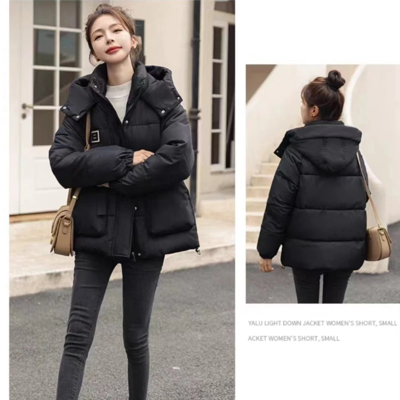 Chic Cotton-padded Coat Warm Winter Women\'s Clothing Short Puffer Jacket Hooded Parkas Pocket Long Sleeve Solid Zipper Jacket