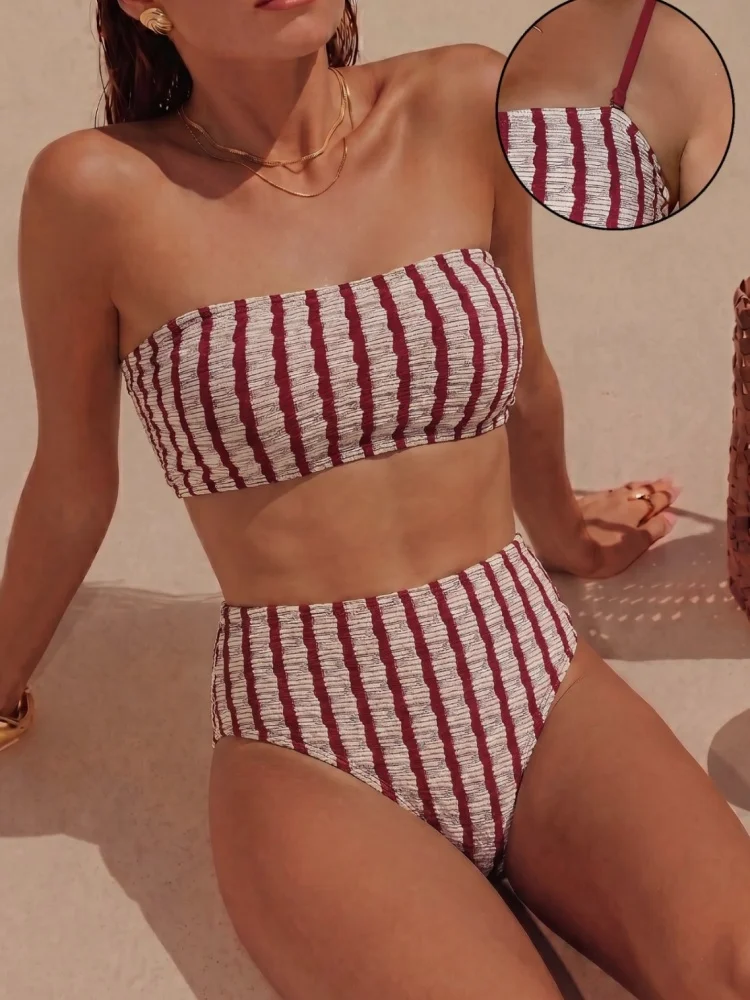 Sexy Striped Bikini Set Women Halter Pleate Push Up Swimsuit Two-pieces Brazilian Beach Bathing Suit Holiday Two Piece Swimwear