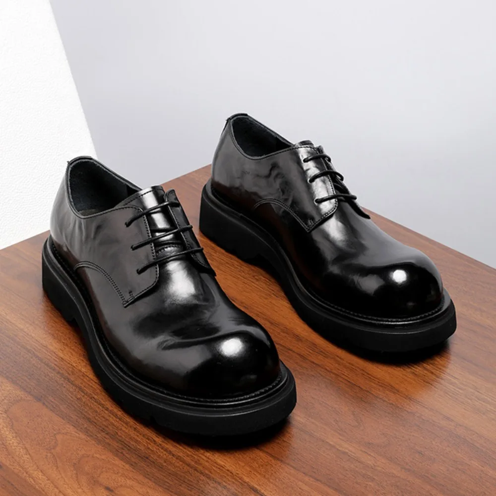 2026 New Men's Loafers Faux Cow Soft Leather Hand Grained Slip On Casual Leather Shoes Big Head Thick Sole Height Lazy Shoes