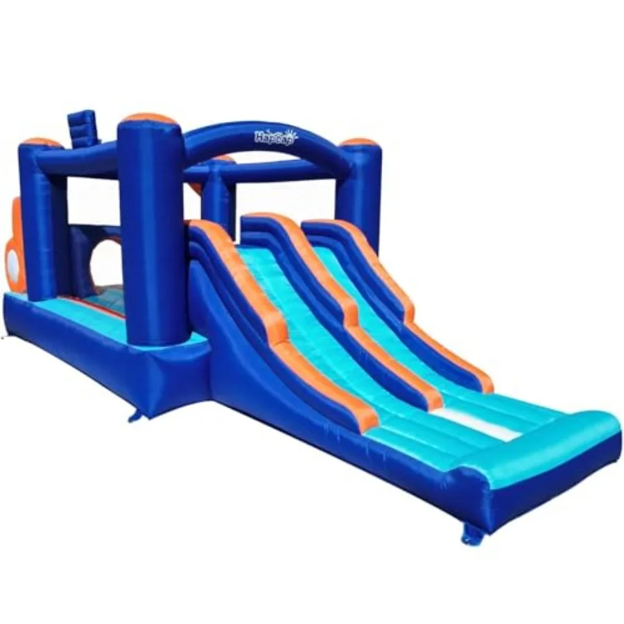

Надувная полоса препятствий с 2 горками, зоной для прыжков, туннелем, стенами для лазания и вентилятором для использования в помещении или на улице