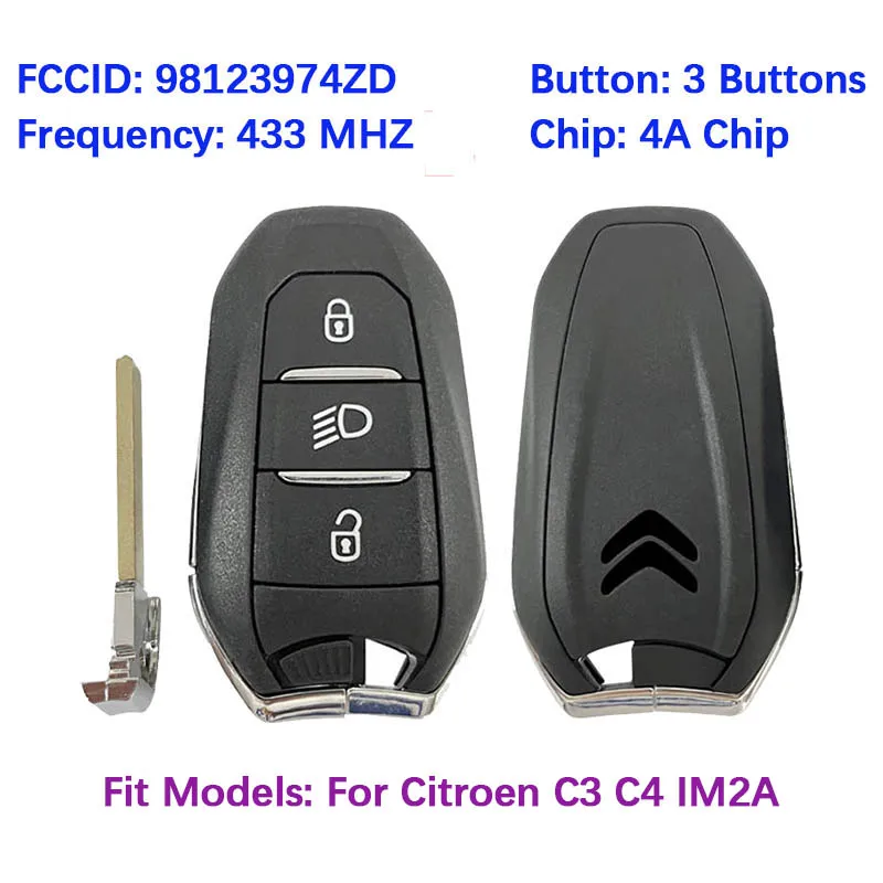 

Оригинальный смарт-ключ с 3 кнопками CN016032, FCC IM2A, PN:98123974ZD, чип 4A, 433 МГц, бесключевой доступ для C3, C4 Picasso, Cactus, Aircross