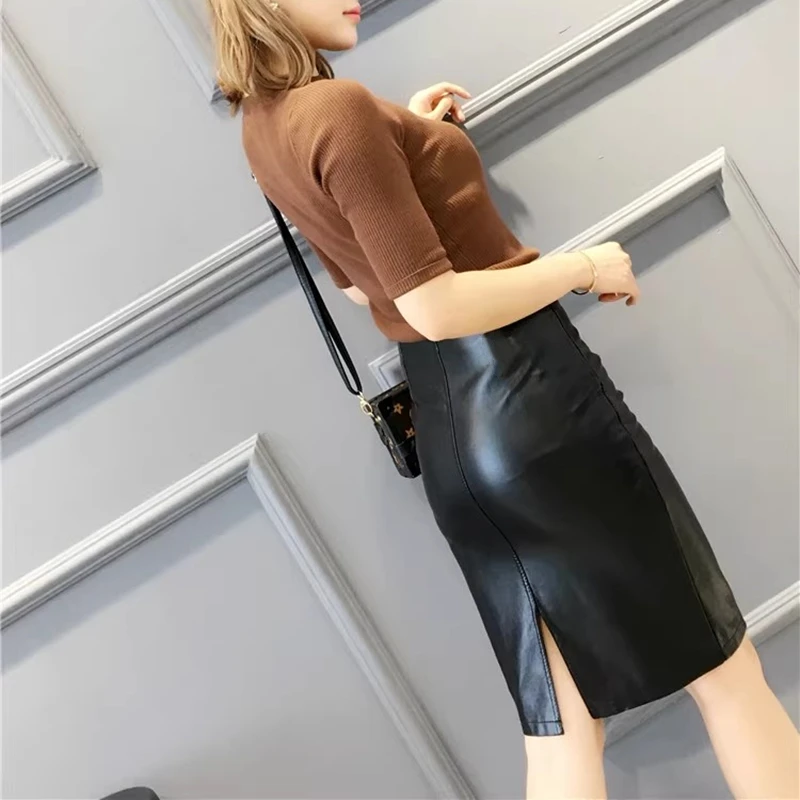 Woman High Waist Pencil Skirts Club Vintage Bodycon Midi Skirt PU Leather Skirt Sexy Jupe Faldas