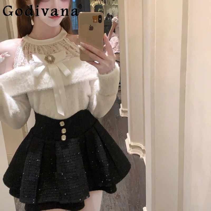 

Autumn Winter Lolita Outfits Women Knitted Off Shoulder Top and Skirt Two Pieces Suits Female Clear Series Japanese Set