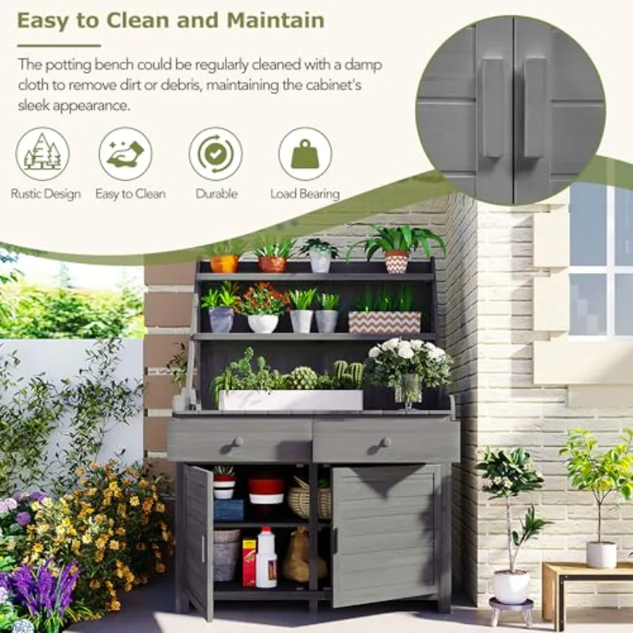 Garden Potting Bench Table, Fir Wood Workstation with Storage Shelf, Drawer and Cabinet, Grey