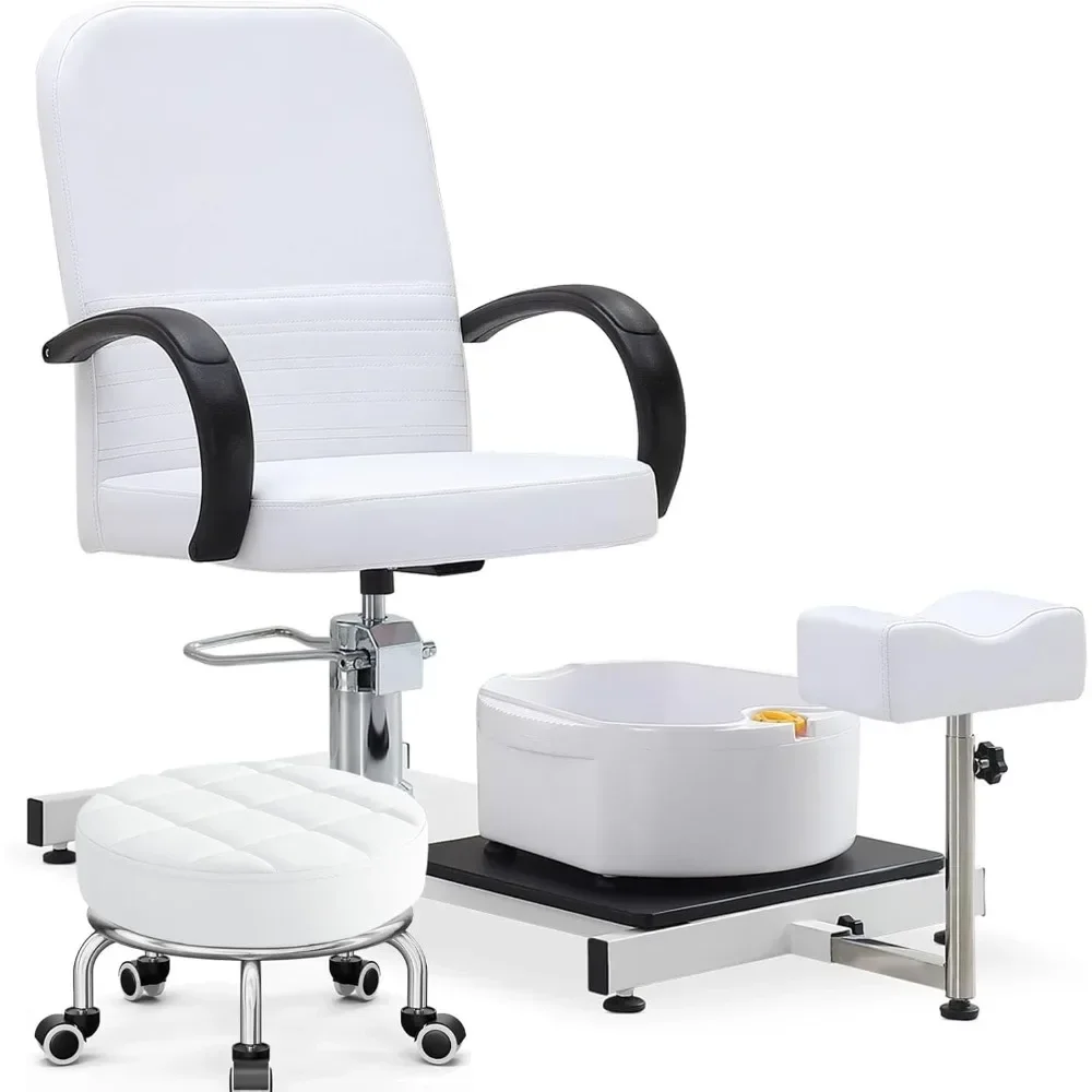 360° draaibare pedicurestoelen, hoog verstelbare pedicureenheid met kruk, voetsteun en voetbak, draagbare pedicurestoel voor nagels