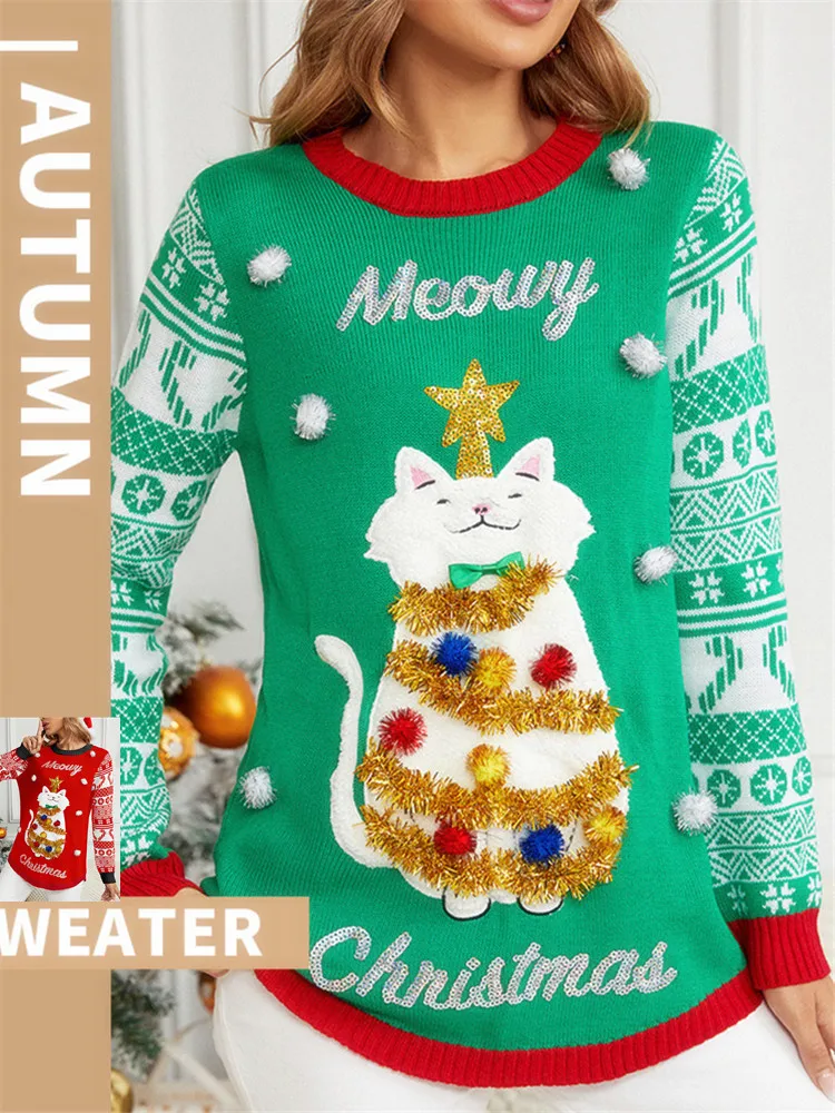 Ugly Christmas Sweater Couple in Family with Embroidery Cat Stitch Funny Xams Pullover Ladies Sueter Sweaters Green Knitted 2024