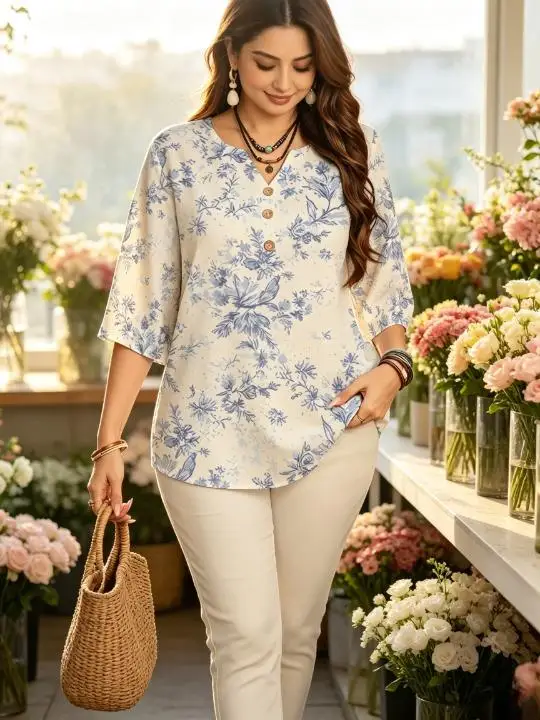 Women Ink Floral Printed Blouses Notch V Neck 3 Decor Half Buttons 3/4 Sleeve Lightweight Vacation Tops