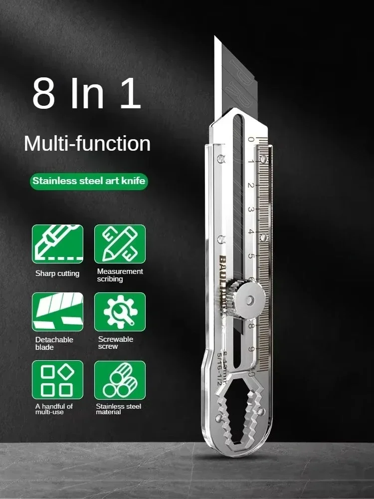 8-in-1 Multi-purpose Utility Knife Box Cutter Stainless Steel Retractable Heavy Duty Waterproof with Snap-off Blades