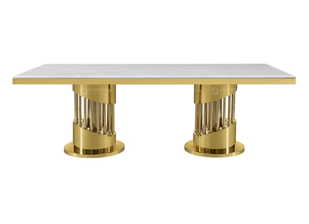 

Marble dining table Modern light luxury premium gold 2 rice table Large flat-floor villa Stainless steel dining table and chairs