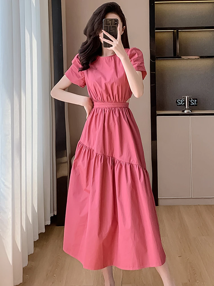 Elegant Women O Neck Rose Midi Dress New Summer Puff Sleeve Hollow Out Slim Waist A Line Ladies Office Party Dresses