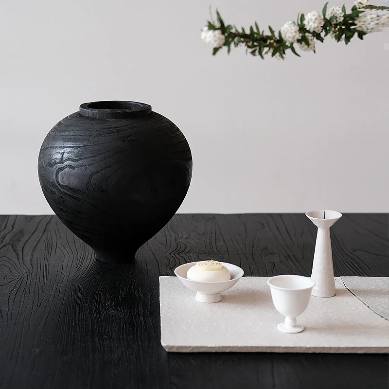 Wooden Circular Vase, Water Grown Flowers, Flower Arrangement, Living Room Dining Table Decoration, High-end Black
