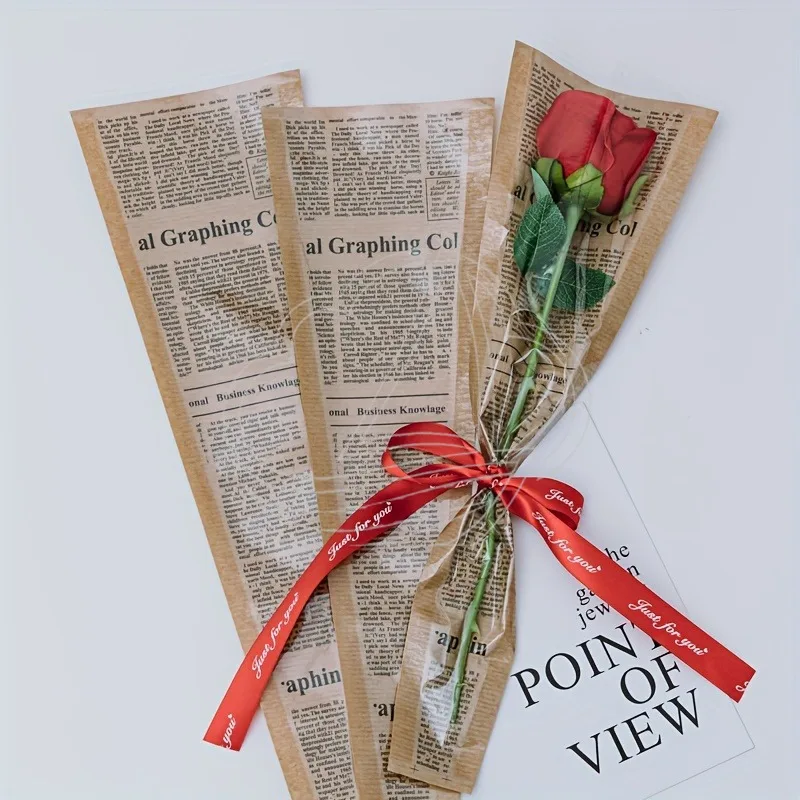 Vintage Kraft Paper Single Rose Bouquet Bags with Clear Window Flower Gift Wrapping Paper for Valentine's Day