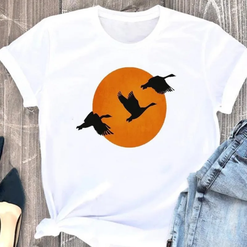 Garment Top Cute Simple Aerial Bird Print Short Sleeve T-shirt Vintage Clothes Harajuku Women Clothes Oversized T Shirt