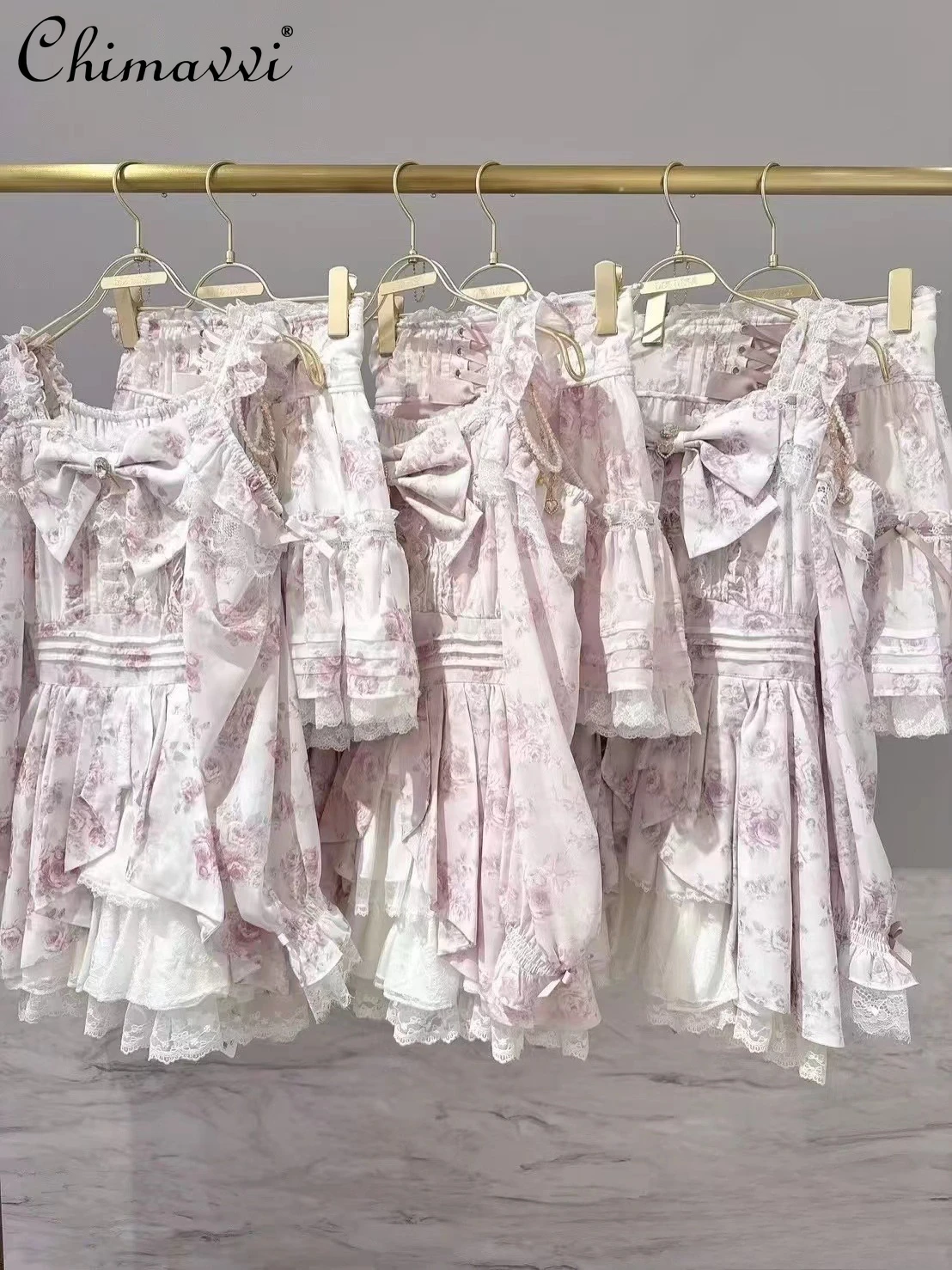 

Liz Style Dress Sets Autumn Japanese Mass-Produced Sweet Ruffled Lace Lace-Up Rose Ribbon Dress Top Skirt Women 2Piece Set