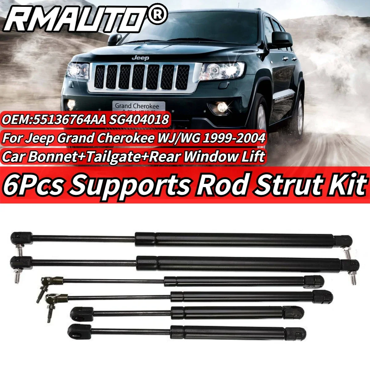 6Pcs Support Rod Bonnet+Tailgate+Rear Window Lift Strut For Jeep Grand Cherokee WJ/WG 1999-2004 55136764AA SG404018 55137022AB