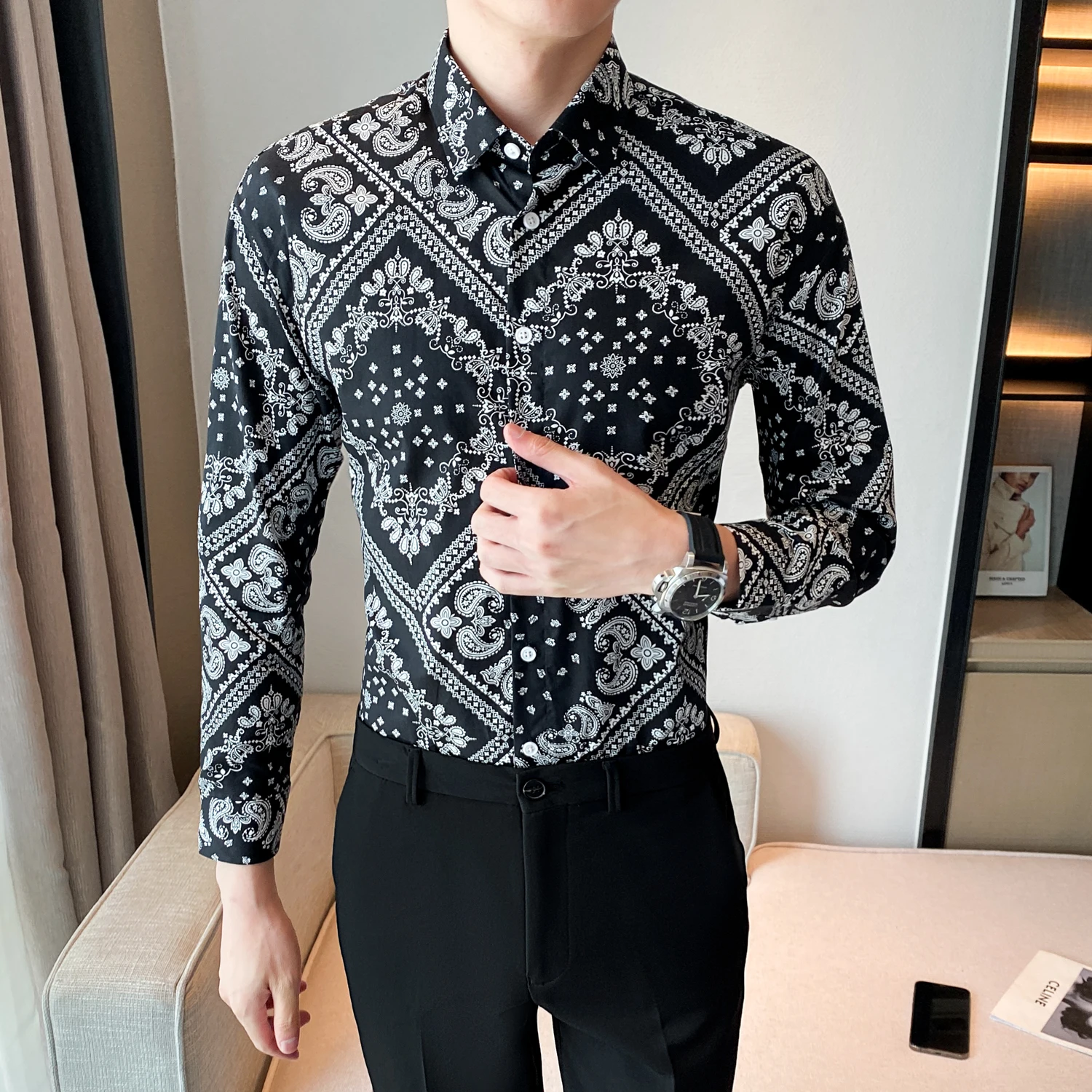 Stylish Colorful Flowers Shirts For Men High Quality Single-breasted Long Sleeve Cotton Shirt Blouses Streetwear Plus Size 5XL-M