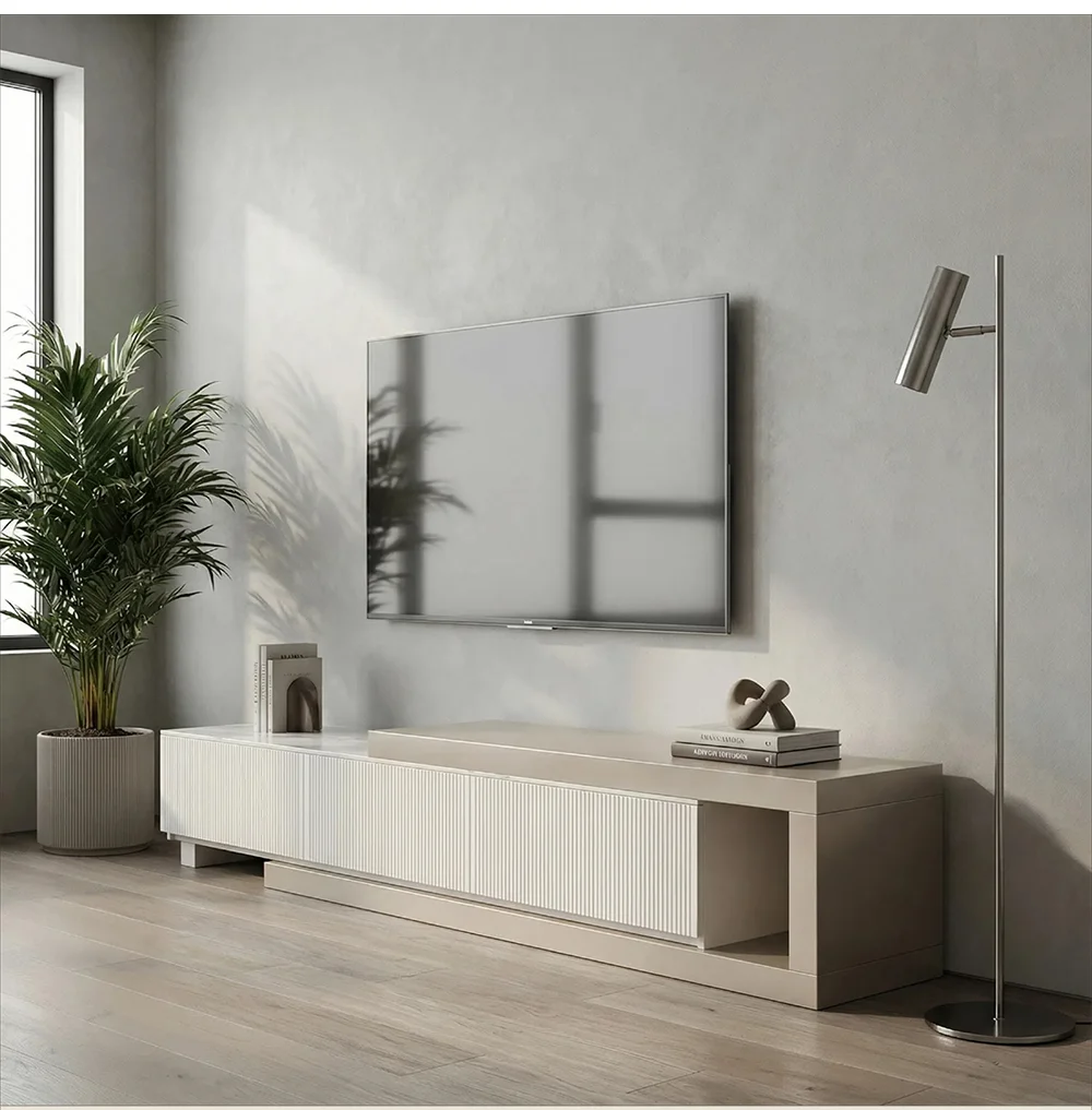 # Modern Minimalist Luxury White Solid Wood Frame TV Cabinet Adjustable Granite Countertop Apartment Storage TV Stand