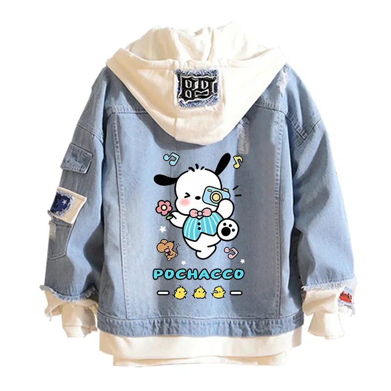 Anime Sanrio Denim Bomber Jacket Pochacco Hooded Jeans Sweatshirt Unisex Ripped Hole Cosplay Hoodie Long-Sleeved Denim Jacket