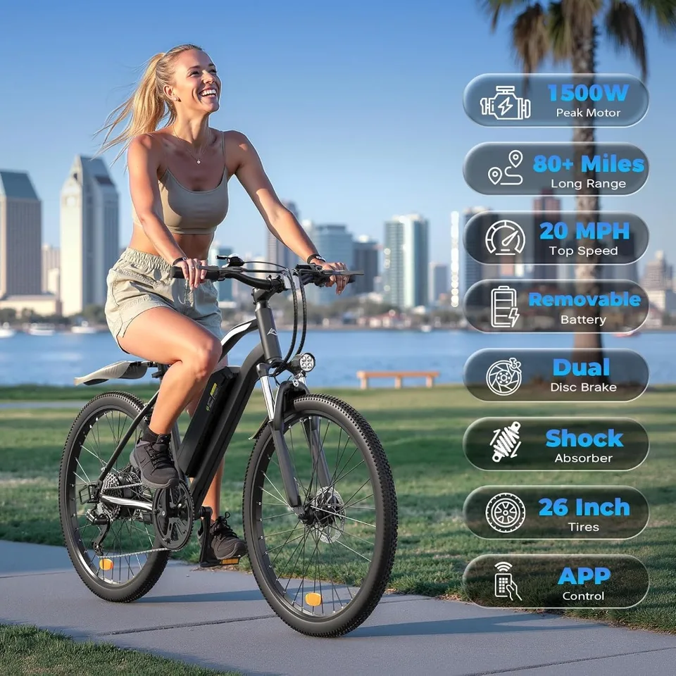750W 1000W Peak Electric Bicycle 26 Inch Adult Commuter E Bike 60 Miles Range 20MPH 5 Speed Removable Battery Shock