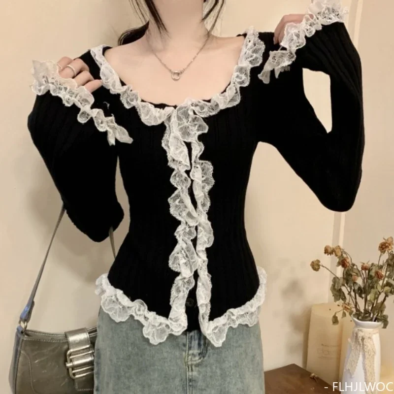 New Year Hot Slim Fitted Ruffles White Lace Sweater Jumper Women Girls Japan Style Retro Vintage Chic Korea Short Knit Pullovers