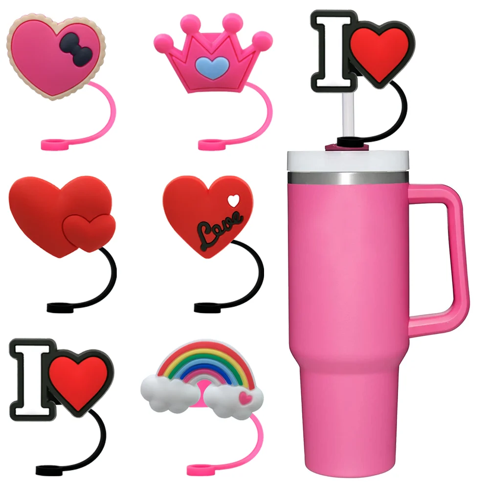 1-6Pcs Red heart Silicone Straw Covers Cap,Crown Rainbow Straw Topper 10 mm Available Recyclable Safety Splash and Dustproof Tip