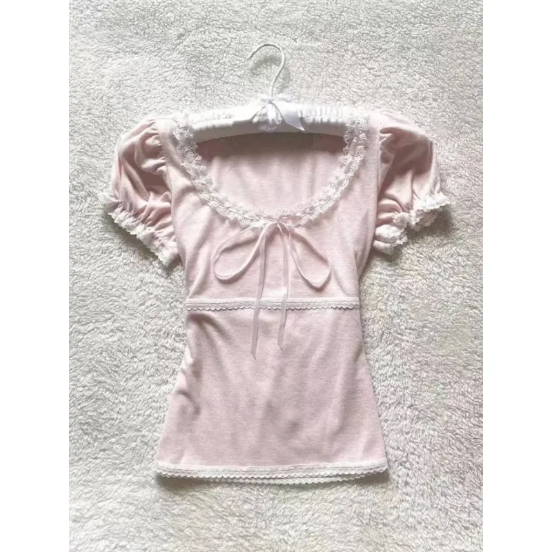 Camisetas informales Vintage de manga corta para mujer, Tops cortos con cordones coreanos elegantes de diseño Y2k, camisetas blancas elegantes y dulces a la moda