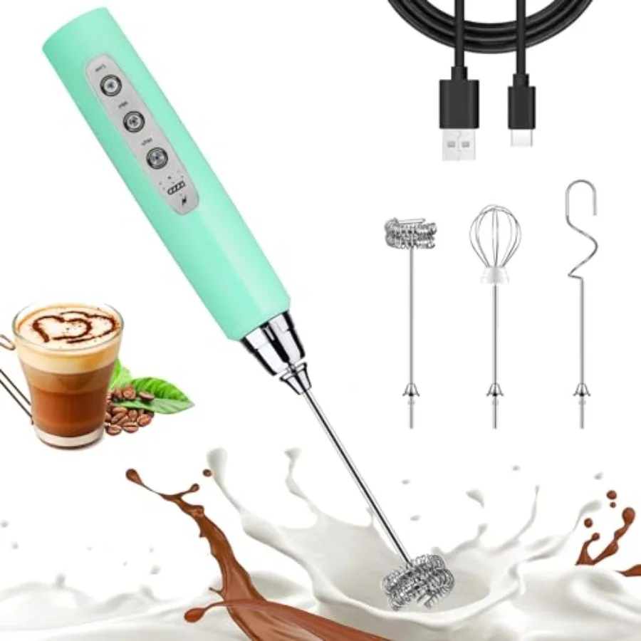 

Baby Blue Milk Frother Wand for Coffee Frother Handheld Rechargeable Electric Whisk with 3 Heads 3 Speeds Drink Mixer Coffee Fr