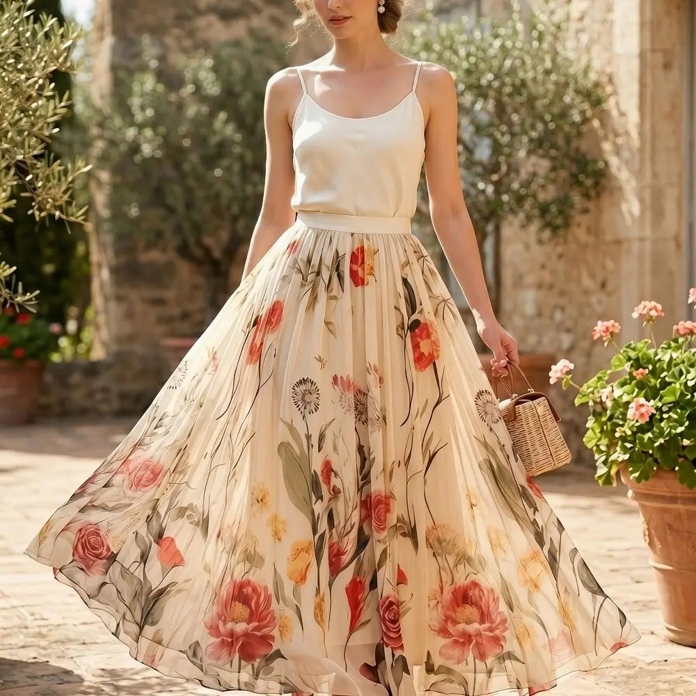 Elastic Waist Women Printed A-line Skirt Pleated Mesh Overlay Long Skirt Flower Embroidery High Waist Skirts Summer Season
