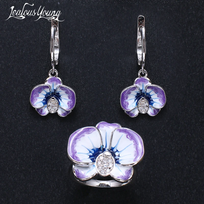 Silver Color Flower Jewelry Set for Women Enamel Silver Color Blue and White CZ Zirocn Ring Earrings Set Fashion Jewelry