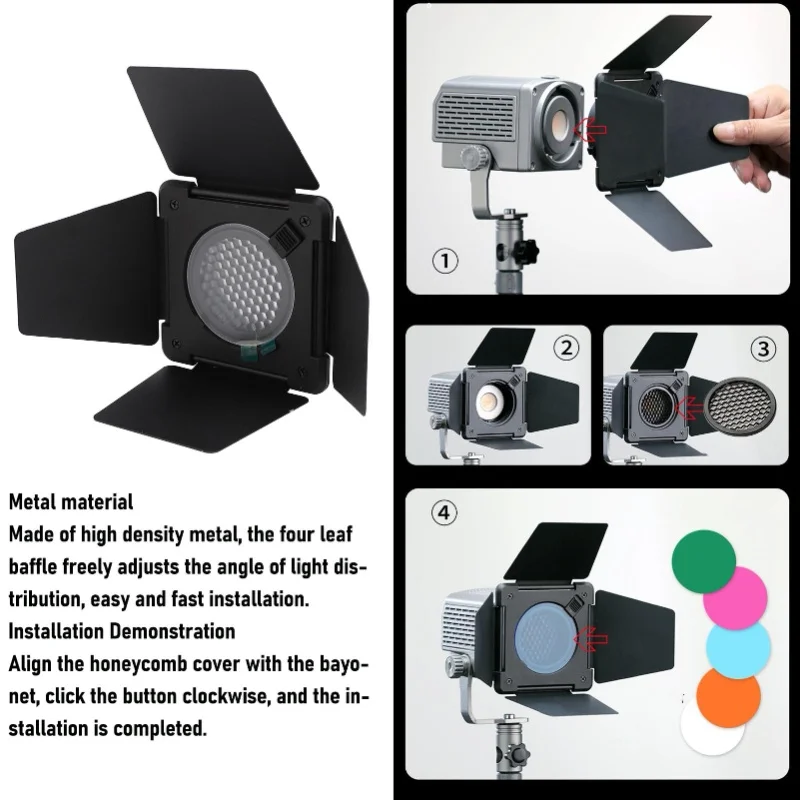 باب الحظيرة مع شبكة قرص العسل 4 مرشحات جل ملونة 4 أوراق Barndoor لـ Mini Bowens Mount Video Light عاكس قياسي #4