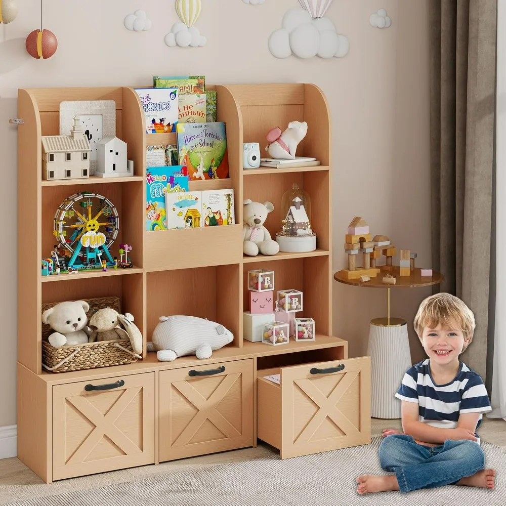 

Children's Book Storage Rack, 3-Layer Kids Bookcase with 7 Storage Cabinets, Drawers Toy Cabinet, Children's Book Display Rack