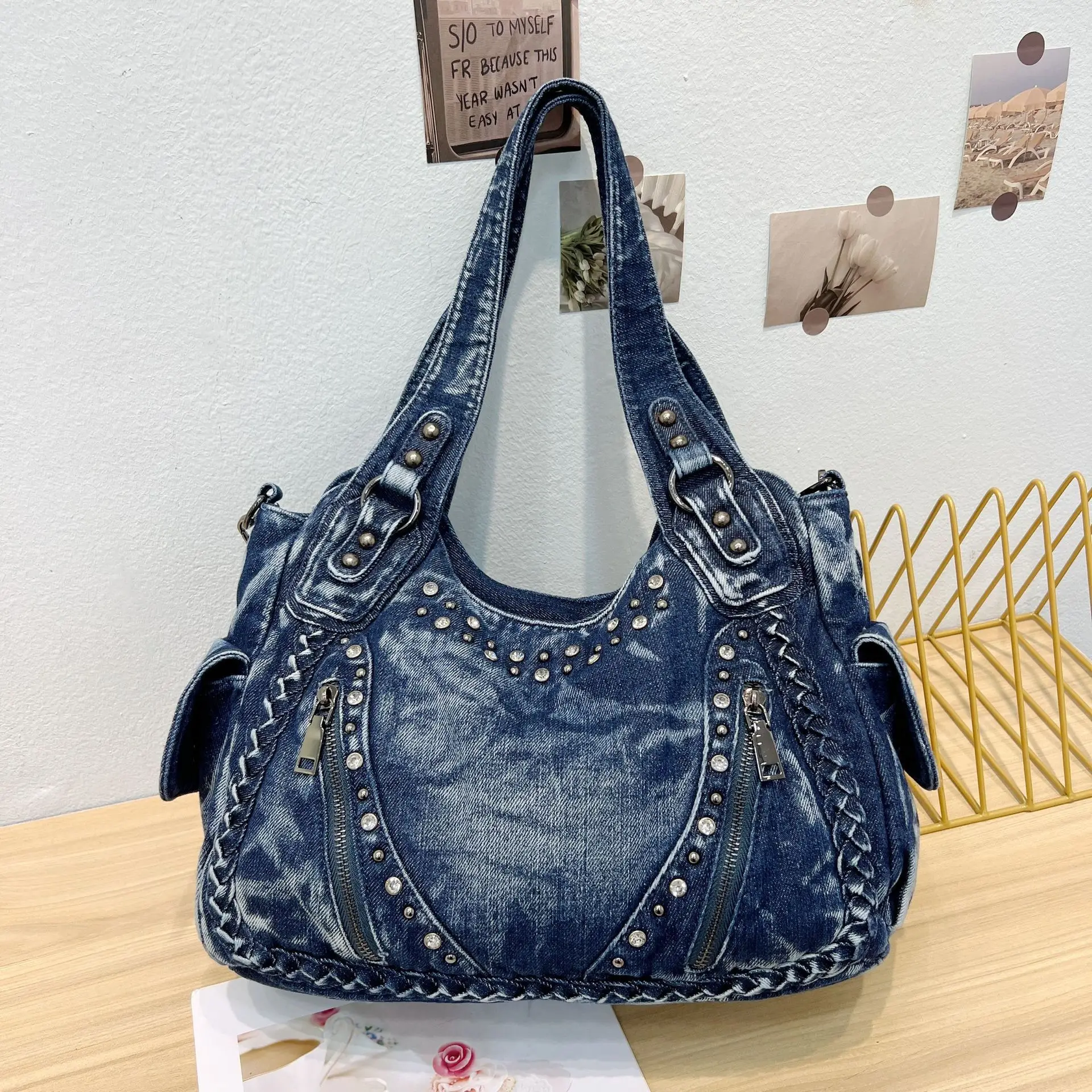 Women Bag Denim Handbags Female Jeans Shoulder Bags Diamonds Rivets Weave Design woman Tote Purse bolsa feminina