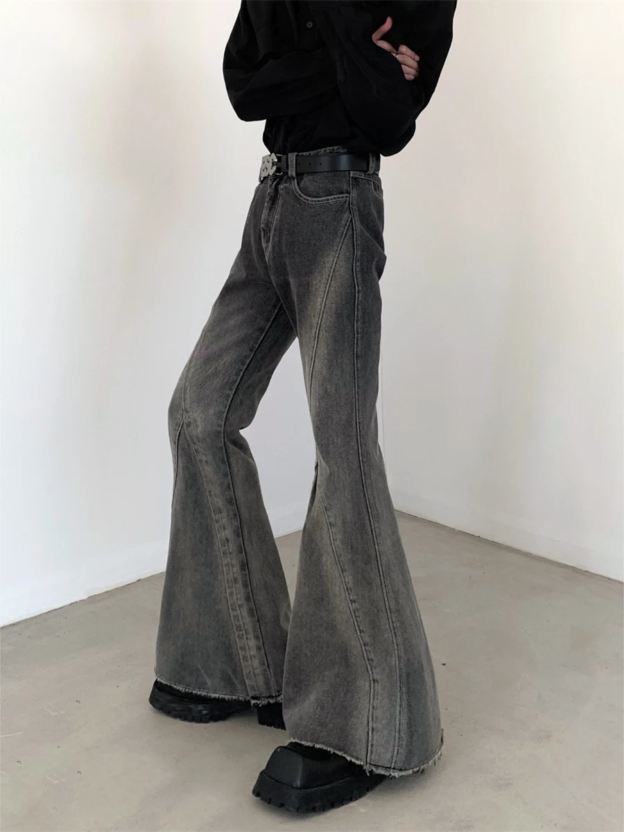 High Waist Bell Bottom Jeans Men's Gradual Washed Distressed Leg Lengthening Water Washed Denim Pants Trendy Street Style