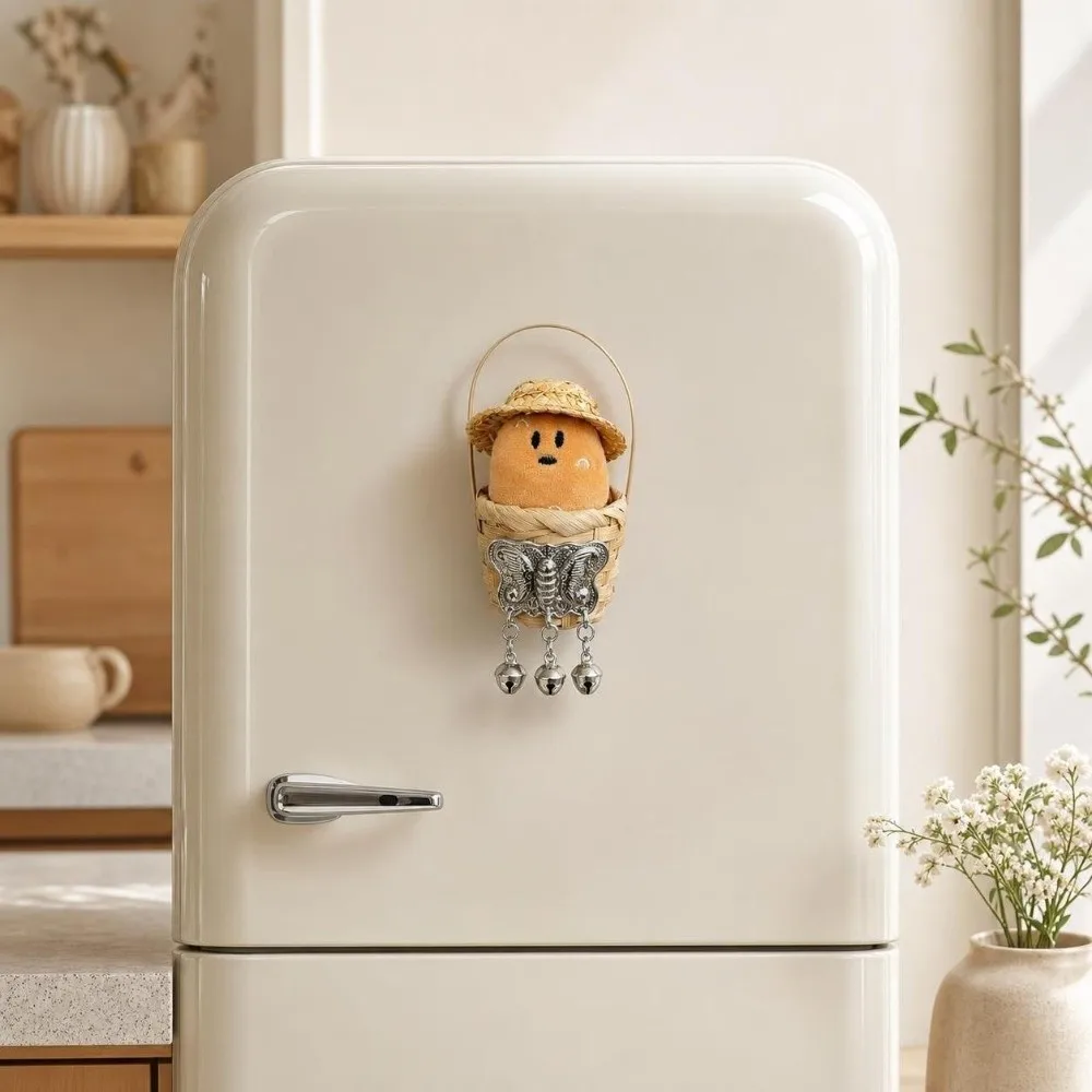 Bamboo Basket Design 3D Plush Potato Fridge Magnet Handmade with Bell Potato Doll Refrigerator Magnets Soft Magnetic Sticker